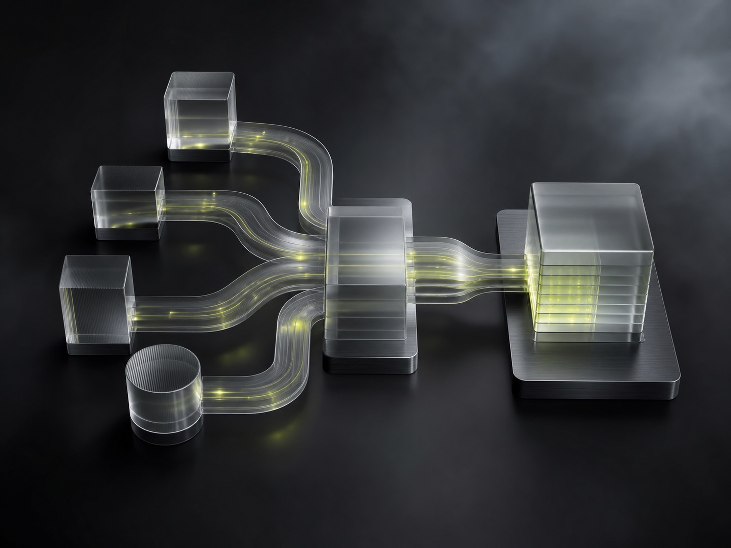 Glass modules connected by illuminated paths, representing an automated business workflow